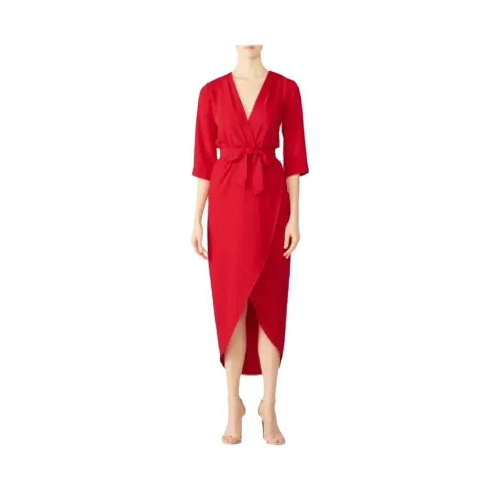Amanda Uprichard Red Dress Timeless Wrap V-neck High-low 3/4 Sleeves Size S RTR